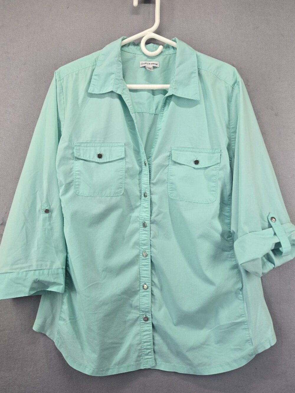 Croft & Barrow Stretch Women's Linen 3/4 Roll Tab Button Up Shirt, Mint, 2XL